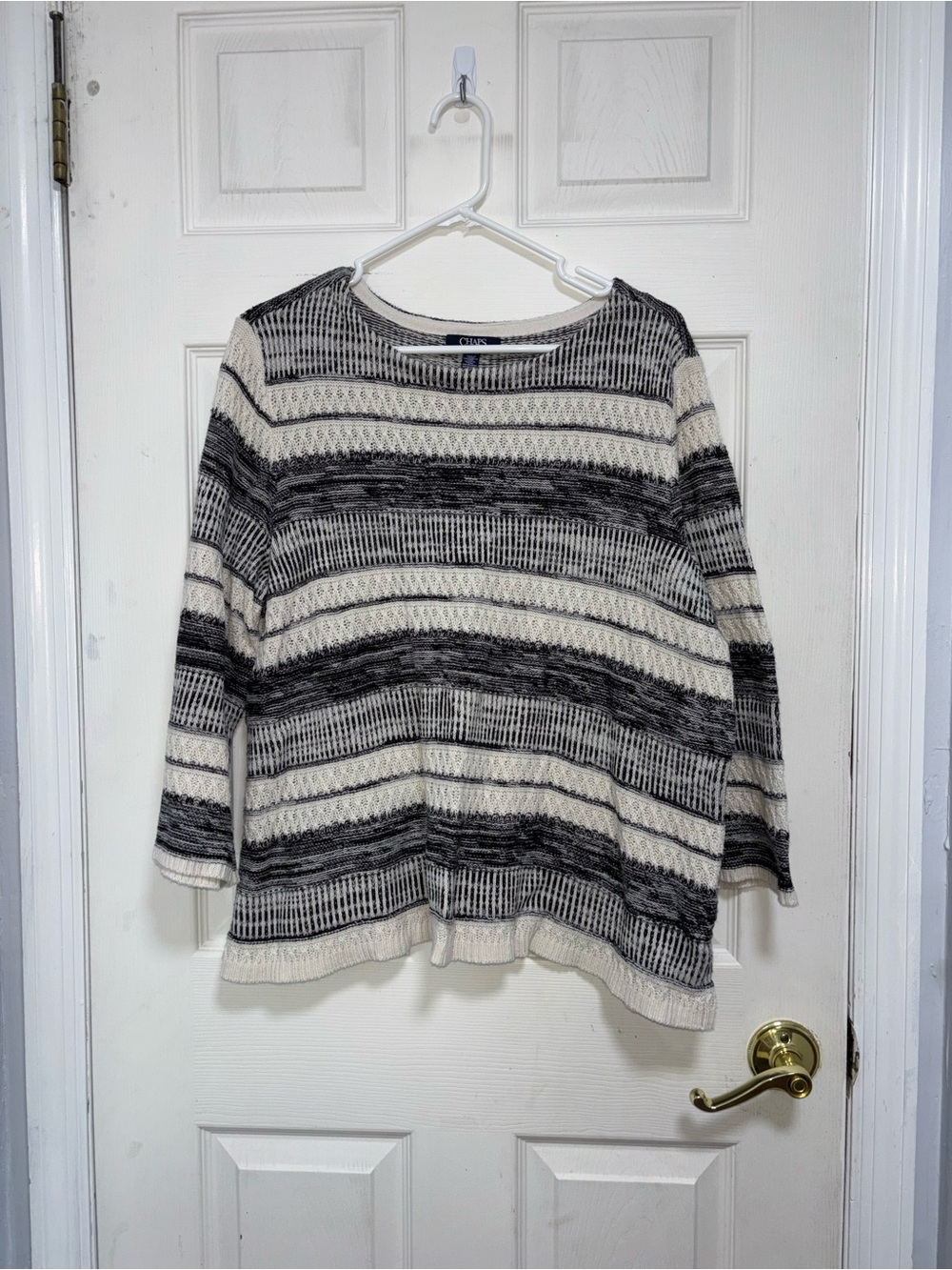 Chaps Black and Cream Striped Knit Sweater Top